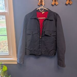 Vintage Navy Trucker Jacket Red Quilted Interior Bronze Zip Up Breast Pockets